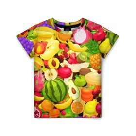 Детская футболка 3D с принтом Веселые фрукты в Екатеринбурге, 100% гипоаллергенный полиэфир | прямой крой, круглый вырез горловины, длина до линии бедер, чуть спущенное плечо, ткань немного тянется | апельсин | арбуз | банан | виноград | груша | киви | овощи | питание | ппп | правильное | тайланд | фрукт | яблоко