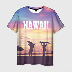 Мужская футболка 3D с принтом HAWAII 3 в Екатеринбурге, 100% полиэфир | прямой крой, круглый вырез горловины, длина до линии бедер | hawaii | гаваи | лето | океан | отдых | пальмы | пляж | серф