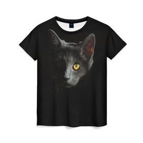 Женская футболка 3D с принтом Кошачий взгляд в Екатеринбурге, 100% полиэфир ( синтетическое хлопкоподобное полотно) | прямой крой, круглый вырез горловины, длина до линии бедер | глаз | киска | кот | котёнок | кошка | прикольные картинки | темнота | тьма