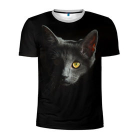 Мужская футболка 3D спортивная с принтом Кошачий взгляд в Екатеринбурге, 100% полиэстер с улучшенными характеристиками | приталенный силуэт, круглая горловина, широкие плечи, сужается к линии бедра | глаз | киска | кот | котёнок | кошка | прикольные картинки | темнота | тьма