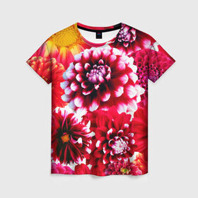 Женская футболка 3D с принтом Яркие цветы в Екатеринбурге, 100% полиэфир ( синтетическое хлопкоподобное полотно) | прямой крой, круглый вырез горловины, длина до линии бедер | красный | лепестки | прикольные картинки | цветочки | цветы
