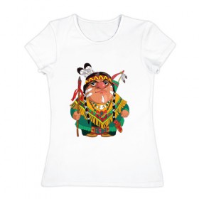 Женская футболка хлопок с принтом Забавные Индейцы 10 в Екатеринбурге, 100% хлопок | прямой крой, круглый вырез горловины, длина до линии бедер, слегка спущенное плечо | апачи | вождь | воин | животные | запад | канада | лидер | лицо | северная | смешные | талисман | цвет