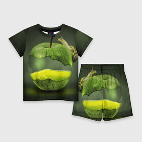 Детский костюм с шортами 3D с принтом Яблоко в Екатеринбурге,  |  | арт | зеленый | новые | улитка | фантастика | фрукты | яблоко