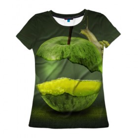 Женская футболка 3D с принтом Яблоко в Екатеринбурге, 100% полиэфир ( синтетическое хлопкоподобное полотно) | прямой крой, круглый вырез горловины, длина до линии бедер | арт | зеленый | новые | улитка | фантастика | фрукты | яблоко