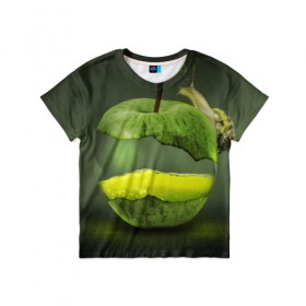 Детская футболка 3D с принтом Яблоко в Екатеринбурге, 100% гипоаллергенный полиэфир | прямой крой, круглый вырез горловины, длина до линии бедер, чуть спущенное плечо, ткань немного тянется | Тематика изображения на принте: арт | зеленый | новые | улитка | фантастика | фрукты | яблоко