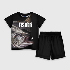 Детский костюм с шортами 3D с принтом Лучший рыбак в Екатеринбурге,  |  | background | best fisherman | black | fish | fishing | sturgeon | лучший рыбак | осетр | рыба | рыбалка | фон | черный