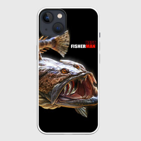 Чехол для iPhone 13 с принтом Лучший рыбак в Екатеринбурге,  |  | best fisherman | black background | deep | fish | fishing | jaws | predator | teeth | water | вода | глубина | зубы | лучший | пасть | рыба | рыбак | рыбалка | хищник | черный фон