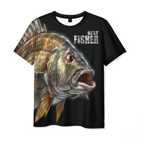 Мужская футболка 3D с принтом Лучший рыбак в Екатеринбурге, 100% полиэфир | прямой крой, круглый вырез горловины, длина до линии бедер | Тематика изображения на принте: background | best fisherman | black | fish | fishing | лучший рыбак | рыба | рыбалка | фон | черный