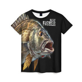 Женская футболка 3D с принтом Лучший рыбак в Екатеринбурге, 100% полиэфир ( синтетическое хлопкоподобное полотно) | прямой крой, круглый вырез горловины, длина до линии бедер | background | best fisherman | black | fish | fishing | лучший рыбак | рыба | рыбалка | фон | черный