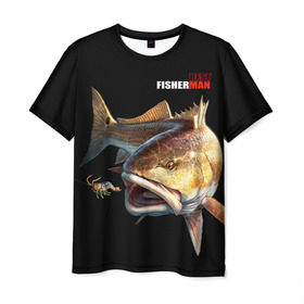 Мужская футболка 3D с принтом Лучший рыбак в Екатеринбурге, 100% полиэфир | прямой крой, круглый вырез горловины, длина до линии бедер | background | best fisherman | black | fish | fishing | лучший рыбак | рыба | рыбалка | фон | черный