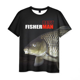 Мужская футболка 3D с принтом Лучший рыбак в Екатеринбурге, 100% полиэфир | прямой крой, круглый вырез горловины, длина до линии бедер | background | best fisherman | black | fish | fishing | лещ | лучший рыбак | рыба | рыбалка | фон | черный