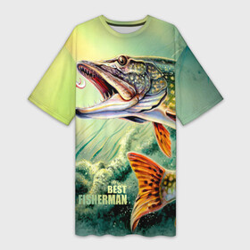 Платье-футболка 3D с принтом Лучший рыбак в Екатеринбурге,  |  | bait | best fisherman | driftwood | fish | fishing | hook | pike | river bottom | water | вода | дно | коряга | крючок | лучший рыбак | наживка | река | рыба | рыбалка | щука