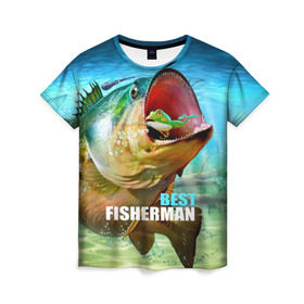 Женская футболка 3D с принтом Лучший рыбак в Екатеринбурге, 100% полиэфир ( синтетическое хлопкоподобное полотно) | прямой крой, круглый вырез горловины, длина до линии бедер | крючок | лягушка | наживка | рыба