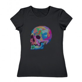 Женская футболка хлопок с принтом Psychedelic skull в Екатеринбурге, 100% хлопок | прямой крой, круглый вырез горловины, длина до линии бедер, слегка спущенное плечо | пиксельный | разноцветный | точечный | череп