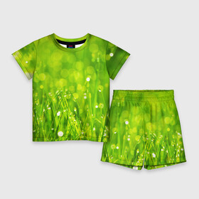 Детский костюм с шортами 3D с принтом Роса на траве в Екатеринбурге,  |  | зелёный | зелень | луг | роса | яркий