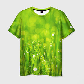 Мужская футболка 3D с принтом Роса на траве в Екатеринбурге, 100% полиэфир | прямой крой, круглый вырез горловины, длина до линии бедер | зелёный | зелень | луг | роса | яркий