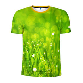 Мужская футболка 3D спортивная с принтом Роса на траве в Екатеринбурге, 100% полиэстер с улучшенными характеристиками | приталенный силуэт, круглая горловина, широкие плечи, сужается к линии бедра | Тематика изображения на принте: зелёный | зелень | луг | роса | яркий
