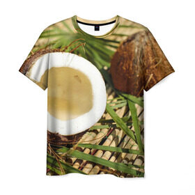 Мужская футболка 3D с принтом Кокос в Екатеринбурге, 100% полиэфир | прямой крой, круглый вырез горловины, длина до линии бедер | бамбук | белый | еда | зеленый | кокос | лето | листья | орех | природа | продукты