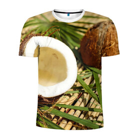 Мужская футболка 3D спортивная с принтом Кокос в Екатеринбурге, 100% полиэстер с улучшенными характеристиками | приталенный силуэт, круглая горловина, широкие плечи, сужается к линии бедра | бамбук | белый | еда | зеленый | кокос | лето | листья | орех | природа | продукты