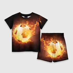 Детский костюм с шортами 3D с принтом Мяч в Екатеринбурге,  |  | горит | мяч | мячик | огненный мяч | огонь | пламя | свет | темнота | тень | футбол