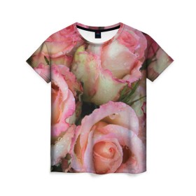 Женская футболка 3D с принтом Розы в Екатеринбурге, 100% полиэфир ( синтетическое хлопкоподобное полотно) | прямой крой, круглый вырез горловины, длина до линии бедер | букет | вода | капли | лепестки | природа | растения | розовые | розы | роса | цветок | цветы