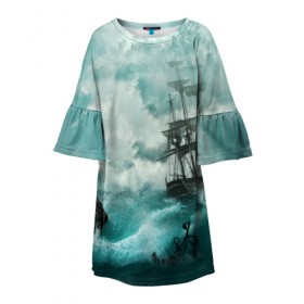 Детское платье 3D с принтом Море в Екатеринбурге, 100% полиэстер | прямой силуэт, чуть расширенный к низу. Круглая горловина, на рукавах — воланы | Тематика изображения на принте: бочка | вода | волны | корабль | море | небо | новые | облака | океан | природа | шторм | якорь