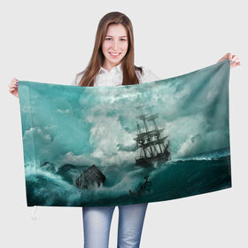 Флаг 3D с принтом Море в Екатеринбурге, 100% полиэстер | плотность ткани — 95 г/м2, размер — 67 х 109 см. Принт наносится с одной стороны | бочка | вода | волны | корабль | море | небо | новые | облака | океан | природа | шторм | якорь