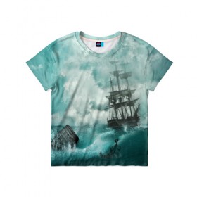 Детская футболка 3D с принтом Море в Екатеринбурге, 100% гипоаллергенный полиэфир | прямой крой, круглый вырез горловины, длина до линии бедер, чуть спущенное плечо, ткань немного тянется | бочка | вода | волны | корабль | море | небо | новые | облака | океан | природа | шторм | якорь