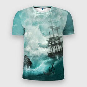 Мужская футболка 3D спортивная с принтом Море в Екатеринбурге, 100% полиэстер с улучшенными характеристиками | приталенный силуэт, круглая горловина, широкие плечи, сужается к линии бедра | бочка | вода | волны | корабль | море | небо | новые | облака | океан | природа | шторм | якорь