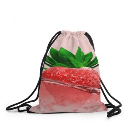 Рюкзак-мешок 3D с принтом Клубника в Екатеринбурге, 100% полиэстер | плотность ткани — 200 г/м2, размер — 35 х 45 см; лямки — толстые шнурки, застежка на шнуровке, без карманов и подкладки | вода | еда | зеленый | капли | клубника | красный | лето | напиток | ягода