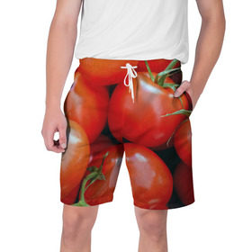 Мужские шорты 3D с принтом Томаты в Екатеринбурге,  полиэстер 100% | прямой крой, два кармана без застежек по бокам. Мягкая трикотажная резинка на поясе, внутри которой широкие завязки. Длина чуть выше колен | дача | еда | зелень | красный | овощи | огород | помидоры | томаты