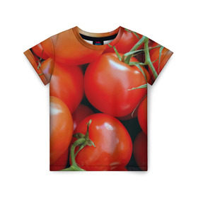 Детская футболка 3D с принтом Томаты в Екатеринбурге, 100% гипоаллергенный полиэфир | прямой крой, круглый вырез горловины, длина до линии бедер, чуть спущенное плечо, ткань немного тянется | дача | еда | зелень | красный | овощи | огород | помидоры | томаты