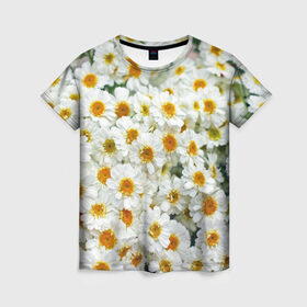 Женская футболка 3D с принтом Ромашки в Екатеринбурге, 100% полиэфир ( синтетическое хлопкоподобное полотно) | прямой крой, круглый вырез горловины, длина до линии бедер | букет | зелень | лепестки | природа | растения | ромашки | цветы