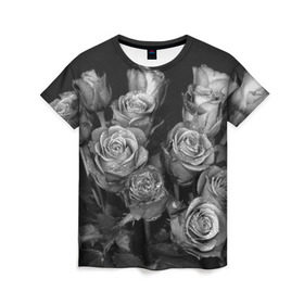 Женская футболка 3D с принтом Черно-белые розы в Екатеринбурге, 100% полиэфир ( синтетическое хлопкоподобное полотно) | прямой крой, круглый вырез горловины, длина до линии бедер | букет | цветы