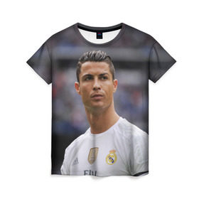 Женская футболка 3D с принтом Cristiano Ronaldo в Екатеринбурге, 100% полиэфир ( синтетическое хлопкоподобное полотно) | прямой крой, круглый вырез горловины, длина до линии бедер | криштиану роналду | реал мадрид