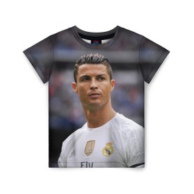 Детская футболка 3D с принтом Cristiano Ronaldo в Екатеринбурге, 100% гипоаллергенный полиэфир | прямой крой, круглый вырез горловины, длина до линии бедер, чуть спущенное плечо, ткань немного тянется | криштиану роналду | реал мадрид