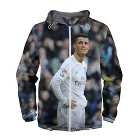 Мужская ветровка 3D с принтом Cristiano Ronaldo в Екатеринбурге, 100% полиэстер | подол и капюшон оформлены резинкой с фиксаторами, два кармана без застежек по бокам, один потайной карман на груди | криштиану роналду | реал мадрид