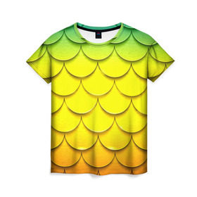 Женская футболка 3D с принтом Волны в Екатеринбурге, 100% полиэфир ( синтетическое хлопкоподобное полотно) | прямой крой, круглый вырез горловины, длина до линии бедер | желтый | паттерн | чешуя