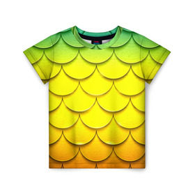 Детская футболка 3D с принтом Волны в Екатеринбурге, 100% гипоаллергенный полиэфир | прямой крой, круглый вырез горловины, длина до линии бедер, чуть спущенное плечо, ткань немного тянется | Тематика изображения на принте: желтый | паттерн | чешуя