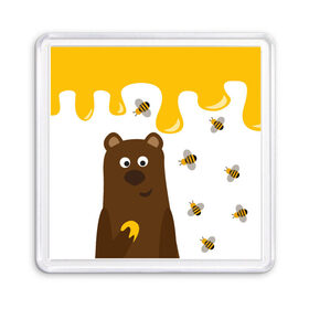 Магнит 55*55 с принтом Медведь в мёде в Екатеринбурге, Пластик | Размер: 65*65 мм; Размер печати: 55*55 мм | мёд | медведь | миша | пчелы