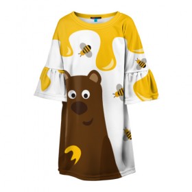 Детское платье 3D с принтом Медведь в мёде в Екатеринбурге, 100% полиэстер | прямой силуэт, чуть расширенный к низу. Круглая горловина, на рукавах — воланы | мёд | медведь | миша | пчелы