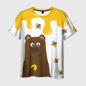 Мужская футболка 3D с принтом Медведь в мёде в Екатеринбурге, 100% полиэфир | прямой крой, круглый вырез горловины, длина до линии бедер | Тематика изображения на принте: мёд | медведь | миша | пчелы