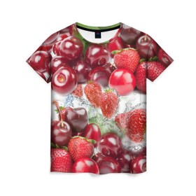 Женская футболка 3D с принтом Ягоды и брызги в Екатеринбурге, 100% полиэфир ( синтетическое хлопкоподобное полотно) | прямой крой, круглый вырез горловины, длина до линии бедер | брызги | вишня | вода | клубника | летний | лето | нежный | сочный | ягода