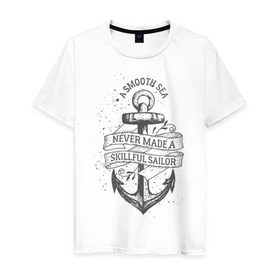 Мужская футболка хлопок с принтом Гладкое море в Екатеринбурге, 100% хлопок | прямой крой, круглый вырез горловины, длина до линии бедер, слегка спущенное плечо. | Тематика изображения на принте: море | моряк | символы | якорь