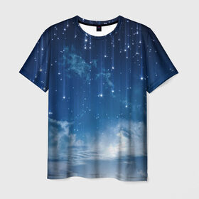 Мужская футболка 3D с принтом Ночное небо и звёзда в Екатеринбурге, 100% полиэфир | прямой крой, круглый вырез горловины, длина до линии бедер | Тематика изображения на принте: звёзды | небо | ночной | облака | синий