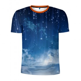 Мужская футболка 3D спортивная с принтом Ночное небо и звёзда в Екатеринбурге, 100% полиэстер с улучшенными характеристиками | приталенный силуэт, круглая горловина, широкие плечи, сужается к линии бедра | Тематика изображения на принте: звёзды | небо | ночной | облака | синий