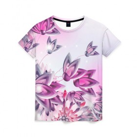 Женская футболка 3D с принтом Розовые цветы в Екатеринбурге, 100% полиэфир ( синтетическое хлопкоподобное полотно) | прямой крой, круглый вырез горловины, длина до линии бедер | лепестки | прикольные картинки | розовый | цветочки | цветы