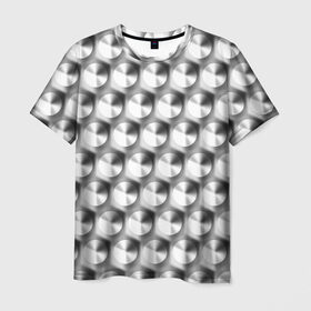 Мужская футболка 3D с принтом Круги на металле в Екатеринбурге, 100% полиэфир | прямой крой, круглый вырез горловины, длина до линии бедер | белый | паттерн | текстура | черный