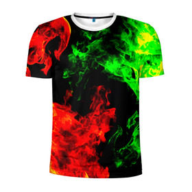 Мужская футболка 3D спортивная с принтом Огненная битва в Екатеринбурге, 100% полиэстер с улучшенными характеристиками | приталенный силуэт, круглая горловина, широкие плечи, сужается к линии бедра | дым | зеленый | красный | огонь