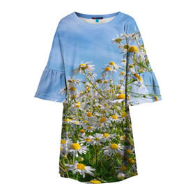 Детское платье 3D с принтом Ромашковый рай в Екатеринбурге, 100% полиэстер | прямой силуэт, чуть расширенный к низу. Круглая горловина, на рукавах — воланы | лепестки | небо | прикольные картинки | ромашки | солнце | цветочки | цветы